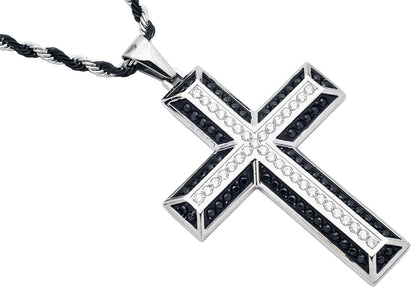 Men's Two-tone Black Plated Stainless Steel Cross Pendant Necklace With Black Cubic Zirconia With 24" Two-tone Rope Chain