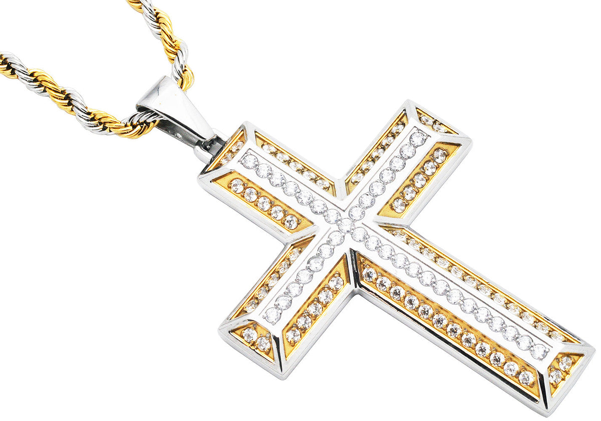 Men's Two-tone Gold Plated Stainless Steel Cross Pendant Necklace With Cubic Zirconia With 24" Two-tone Rope Chain