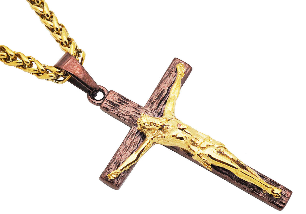 Mens Two Tone Gold Plated Stainless Steel Crucifix Pendant Necklace with 24" Wheat Link Chain