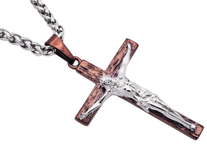 Mens Two Tone Stainless Steel Crucifix Pendant Necklace with 24" Wheat Link Chain