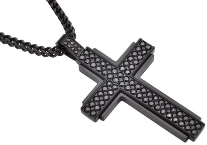 Men's Black Plated Stainless Steel Cross Pendant Necklace With Cubic Zirconia With 24" Franco Chain