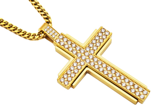 Men's Gold Plated Stainless Steel Cross Pendant Necklace With Cubic Zirconia With 24" Franco Chain