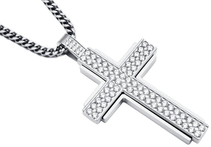 Men's Stainless Steel Cross Pendant Necklace With Cubic Zirconia With 24" Franco Chain