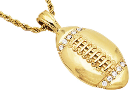 Mens Gold Plated Stainless Steel Football Pendant With Cubic Zirconia and 24 inch Gold Plated Rope Chain