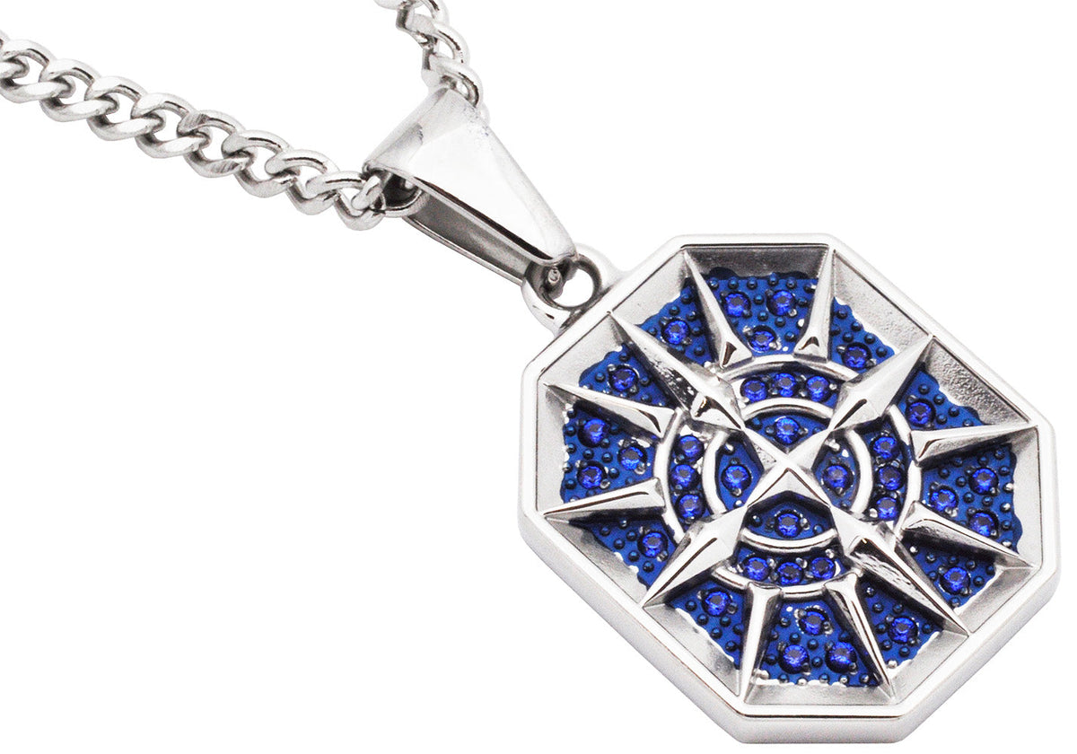 Men's Stainless Steel Compass Pendant With Blue Cubic Zirconia and 24" Curb Chain
