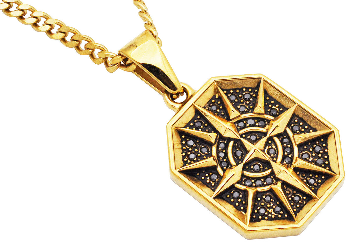 Men's Gold Plated Stainless Steel Compass Pendant With Black Cubic Zirconia and 24" Gold Plated Curb Chain