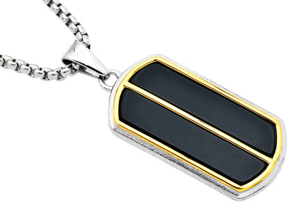Mens Genuine Onyx Stainless Steel Dog Tag Pendant with 24" Round Box Chain