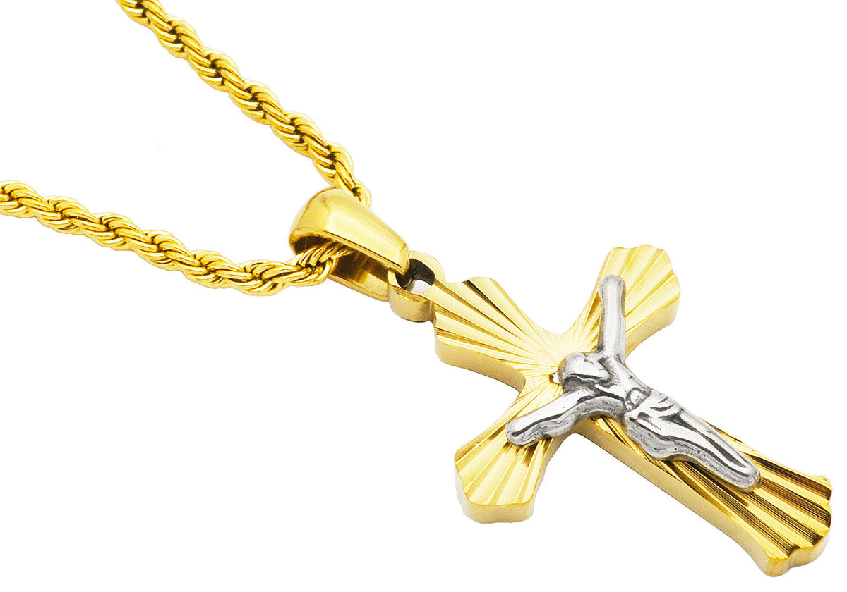 Men's Gold Plated Stainless Steel Cross Pendant Necklace with 24" Rope Chain
