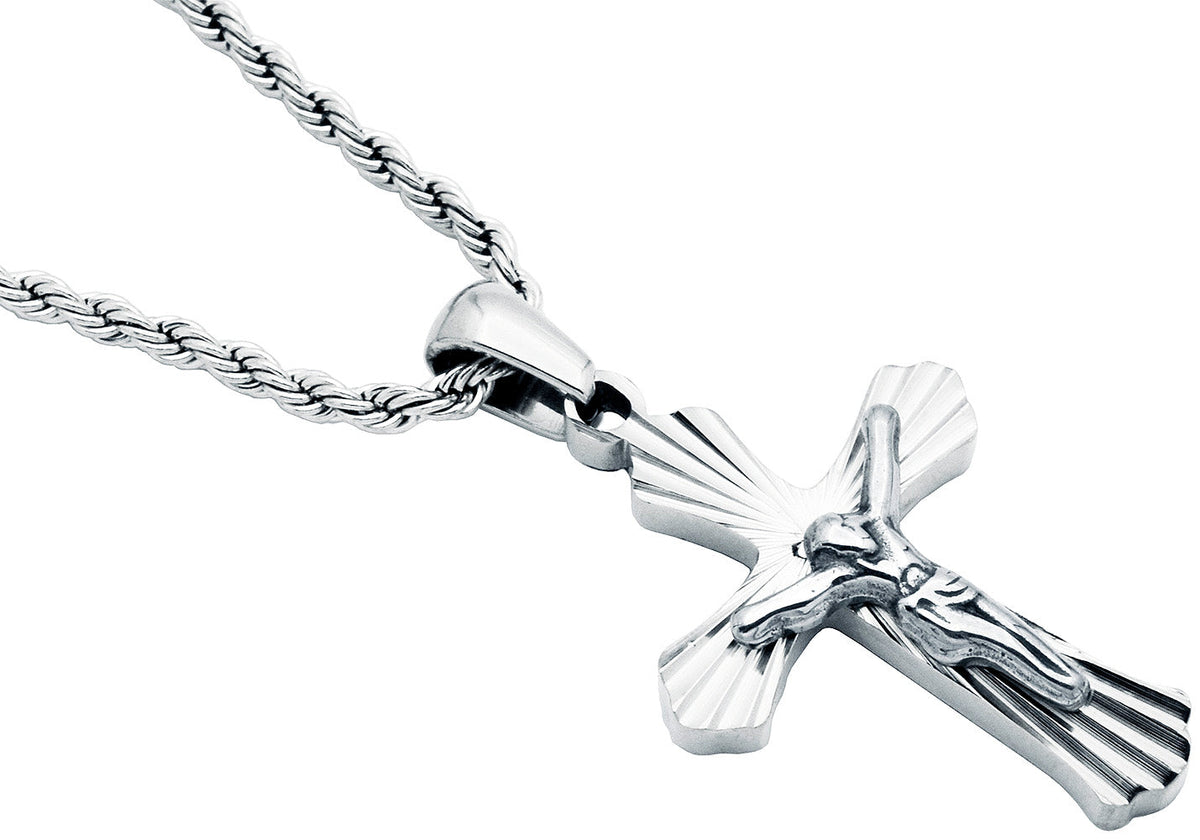 Men's Stainless Steel Cross Pendant Necklace With Cubic Zirconia With 24" Rope Chain