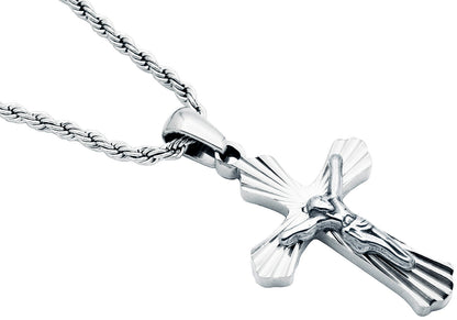 Men's Stainless Steel Cross Pendant Necklace With Cubic Zirconia With 24" Rope Chain
