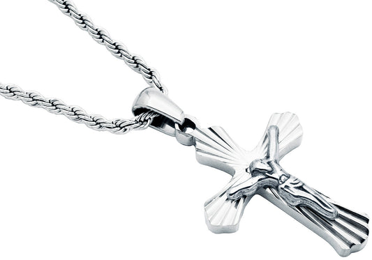 Men's Stainless Steel Cross Pendant Necklace With Cubic Zirconia With 24" Rope Chain