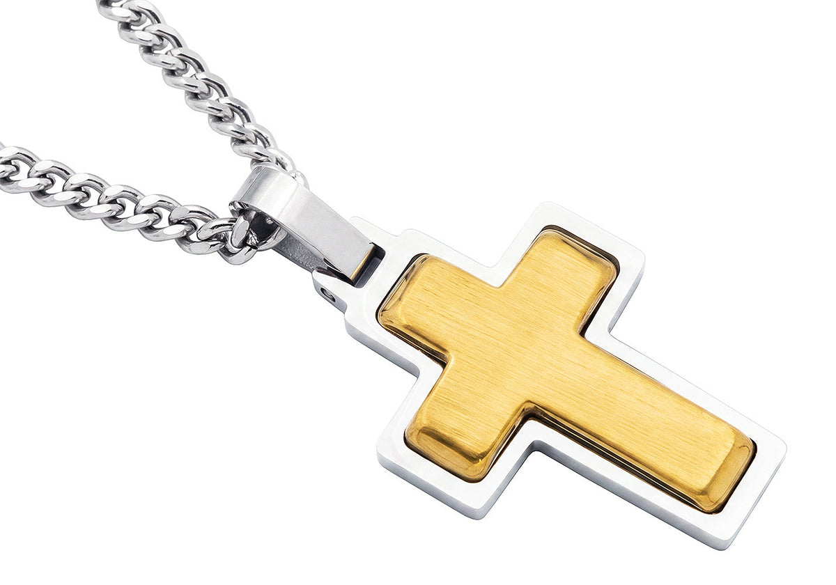 Men's Two-Tone Stainless Steel Cross Pendant Necklace With 24" Curb Chain