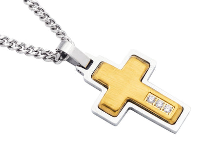 Men's Two-Tone Stainless Steel Cross Pendant Necklace With Cubic Zirconia With 24" Curb Chain