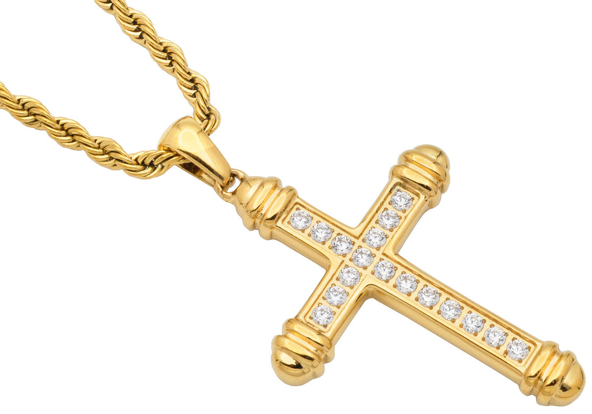 Men's Gold Plated Stainless Steel Cross Pendant Necklace With Cubic Zirconia With 24" Rope Chain