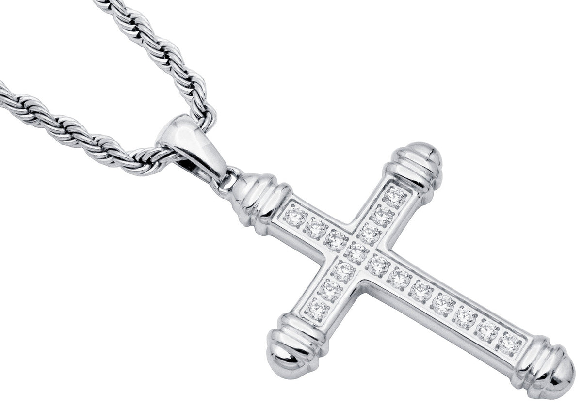 Men's Stainless Steel Cross Pendant Necklace With Cubic Zirconia With 24" Rope Chain