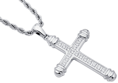 Men's Stainless Steel Cross Pendant Necklace With Cubic Zirconia With 24" Rope Chain