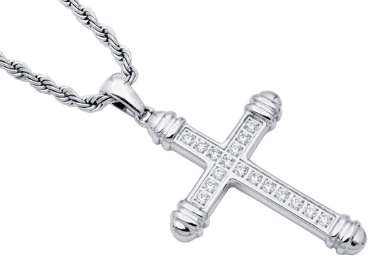 Men's Stainless Steel Cross Pendant Necklace With Cubic Zirconia With 24" Rope Chain