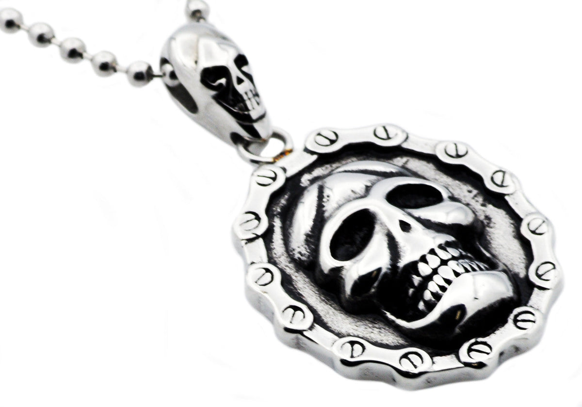 Mens Stainless Steel Biker Skull Pendant Necklace