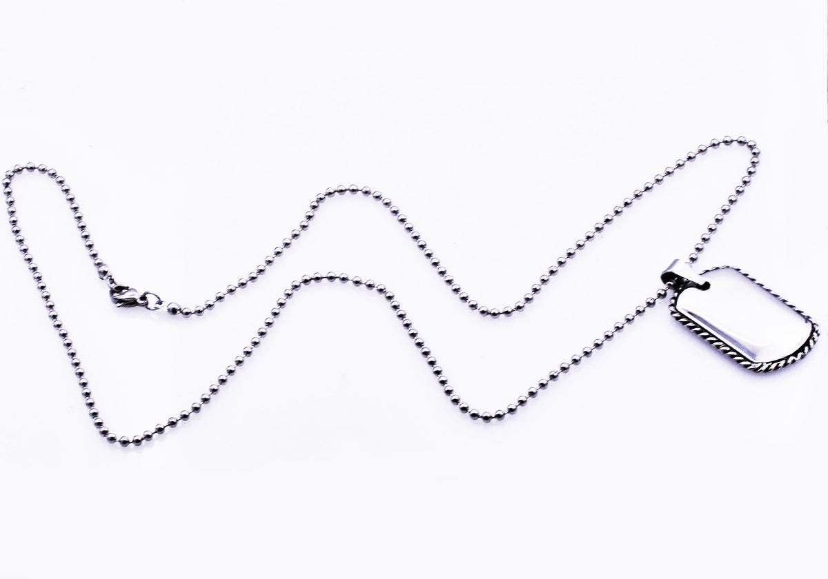 Mens Rope Border Stainless Steel Dog Tag Pendant Necklace