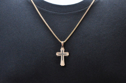 Mens Rose Stainless Steel Cross Pendant With Black Cubic Zirconia