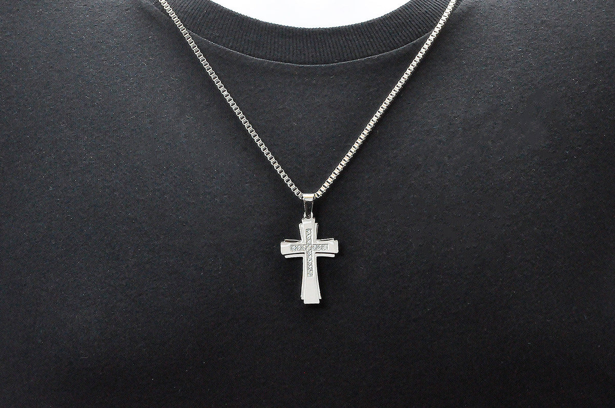 Mens Stainless Steel Cross Pendant Necklace With Cubic Zirconia