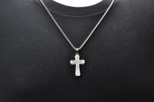 Mens Stainless Steel Cross Pendant Necklace With Cubic Zirconia