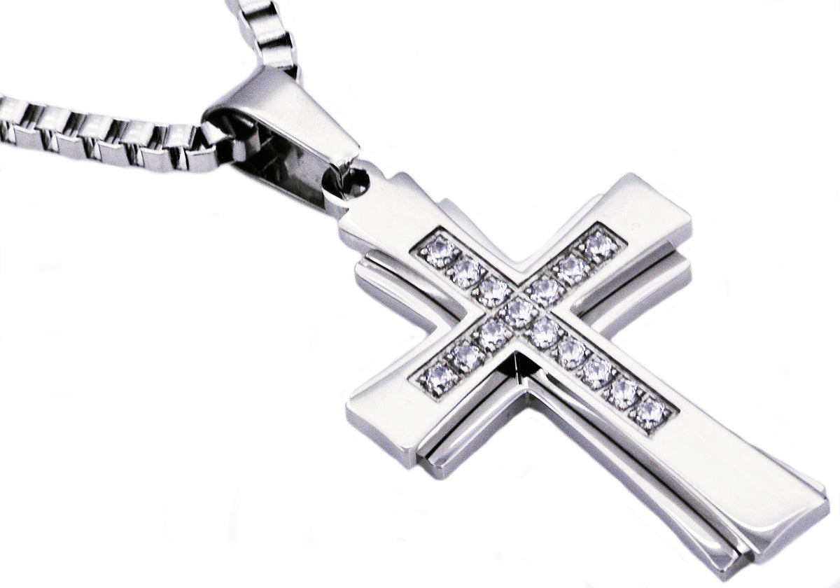 Mens Stainless Steel Cross Pendant Necklace With Cubic Zirconia