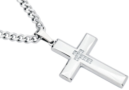 Mens Polished Stainless Steel Cross Pendant Necklace With Cubic Zirconia