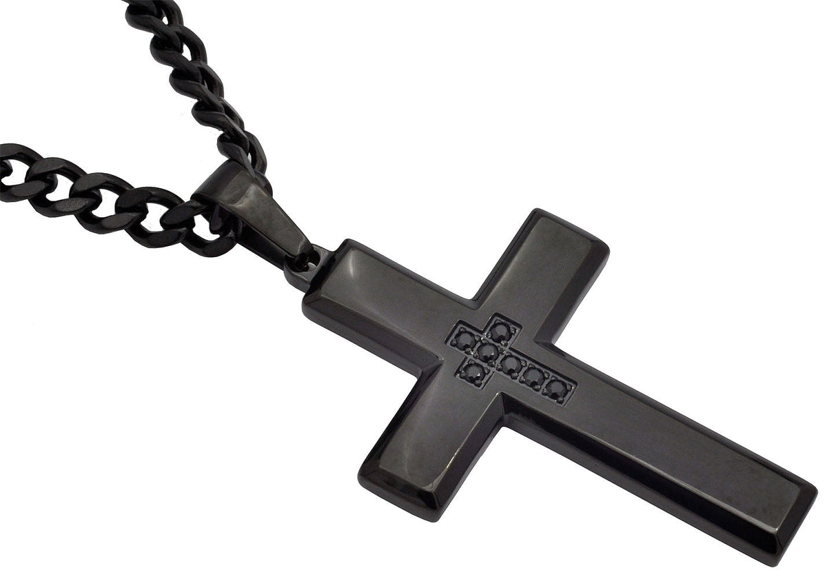 Mens Black Stainless Steel Cross Pendant Necklace With Black Cubic Zirconia