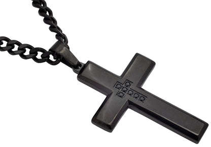 Mens Black Stainless Steel Cross Pendant Necklace With Black Cubic Zirconia