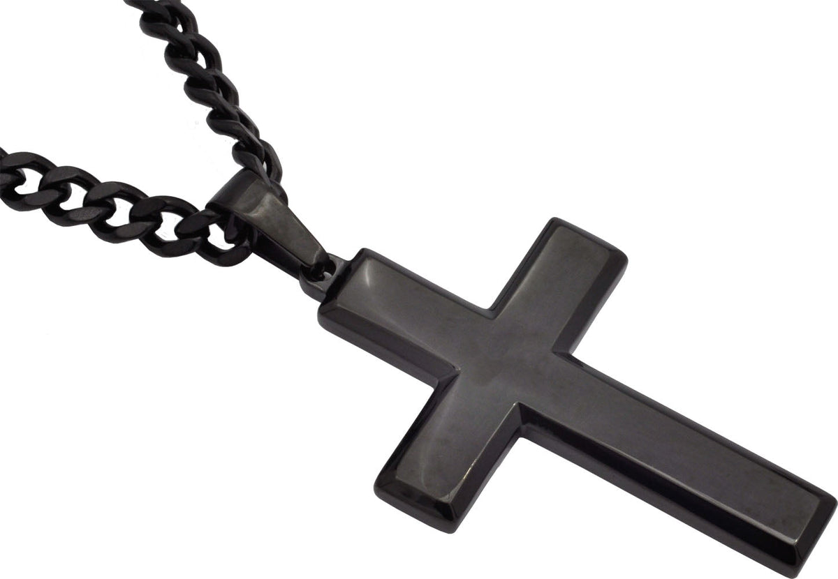 Mens Black Stainless Steel Cross Pendant Necklace