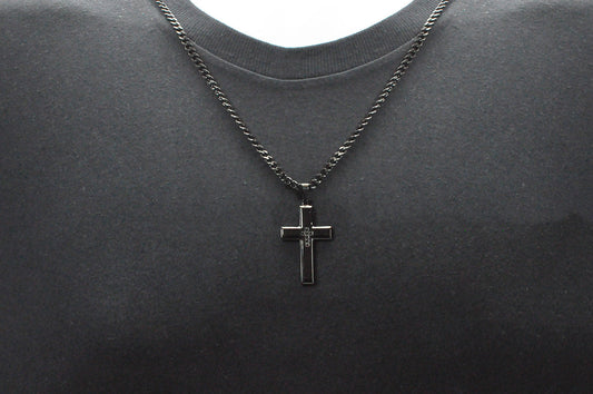 Mens Black Stainless Steel Cross Pendant Necklace With Black Cubic Zirconia