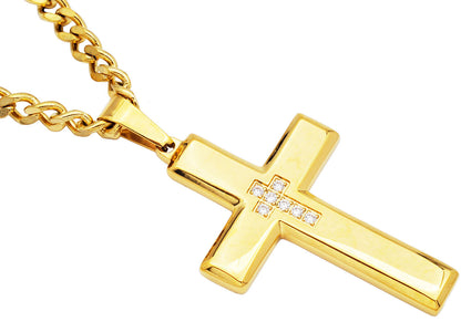 Mens Gold Stainless Steel Cross Pendant Necklace With Cubic Zirconia