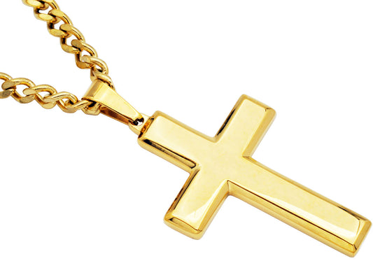 Mens Gold Stainless Steel Cross Pendant Necklace