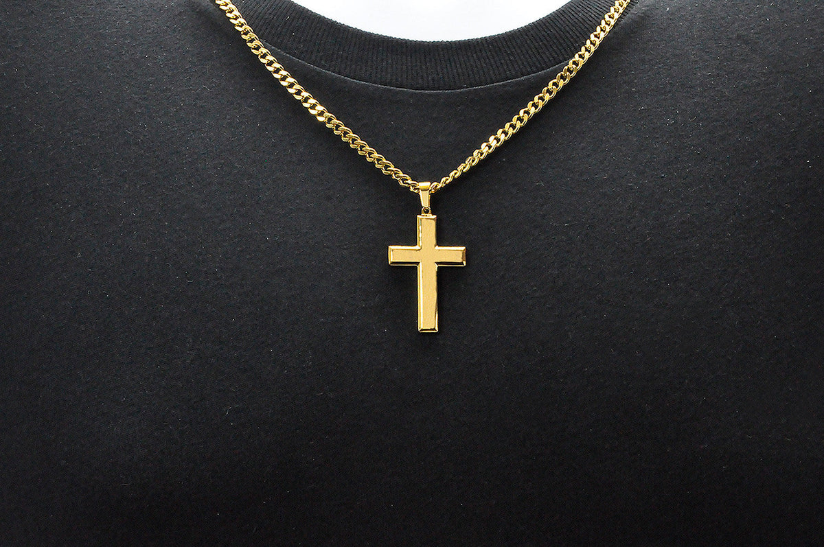 Mens Gold Stainless Steel Cross Pendant Necklace