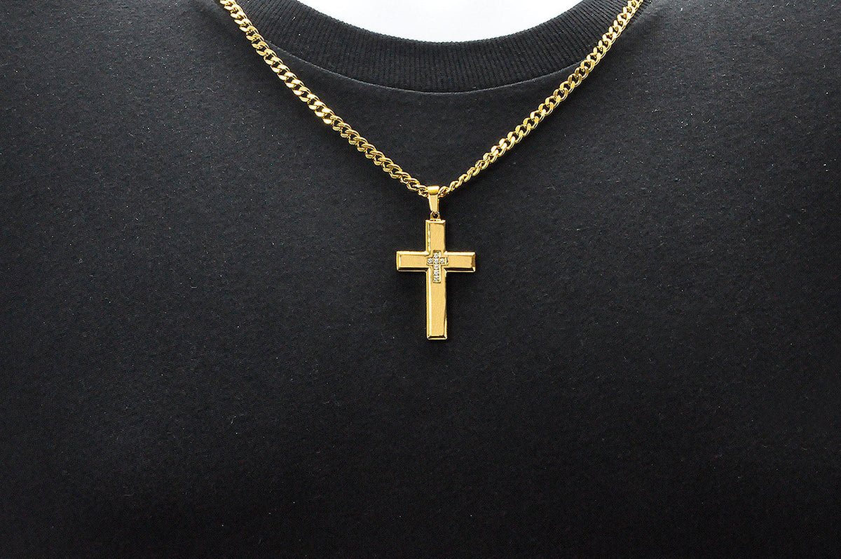 Mens Gold Stainless Steel Cross Pendant Necklace With Cubic Zirconia
