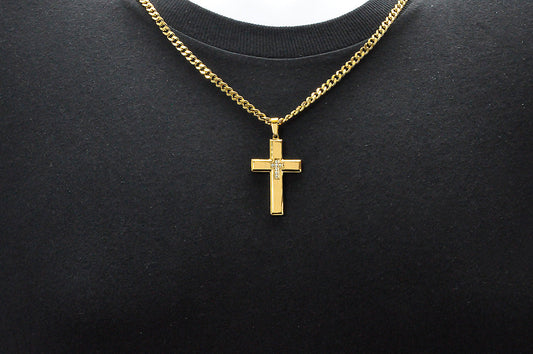 Mens Gold Stainless Steel Cross Pendant Necklace With Cubic Zirconia