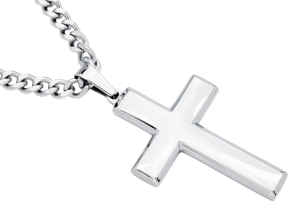 Mens Polished Stainless Steel Cross Pendant Necklace
