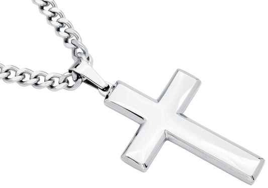 Mens Polished Stainless Steel Cross Pendant Necklace