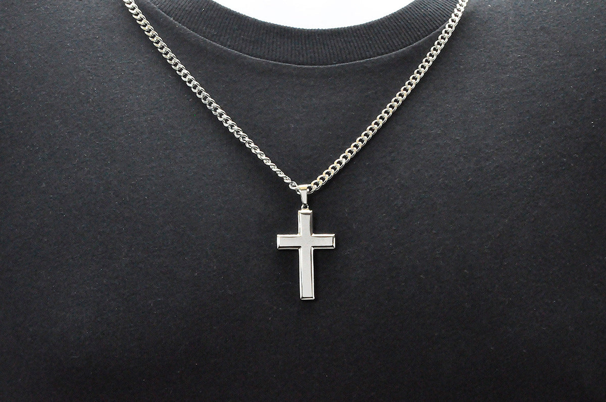 Mens Polished Stainless Steel Cross Pendant Necklace