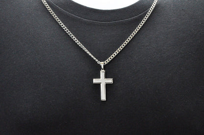 Mens Polished Stainless Steel Cross Pendant Necklace