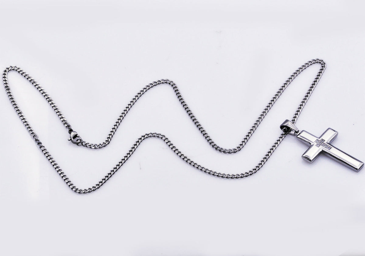 Mens Polished Stainless Steel Cross Pendant Necklace With Cubic Zirconia