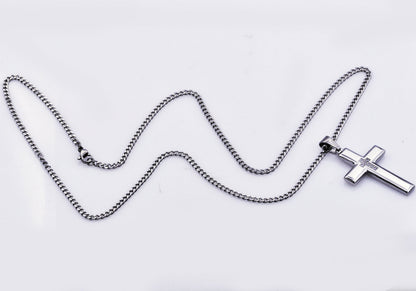 Mens Polished Stainless Steel Cross Pendant Necklace With Cubic Zirconia