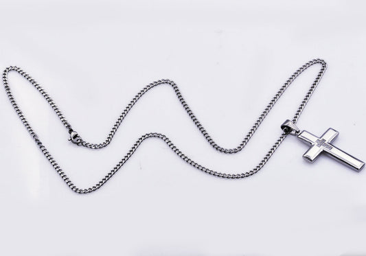 Mens Polished Stainless Steel Cross Pendant Necklace With Cubic Zirconia