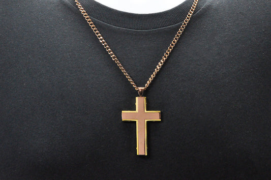 Mens Chocolate And Gold Stainless Steel Cross Pendant Necklace With 24" Curb Chain