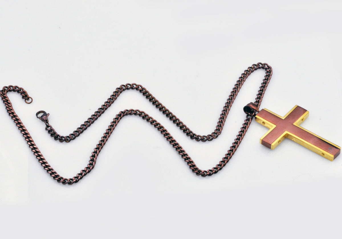 Mens Chocolate And Gold Stainless Steel Cross Pendant Necklace With 24" Curb Chain