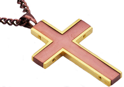 Mens Chocolate And Gold Stainless Steel Cross Pendant Necklace With 24" Curb Chain