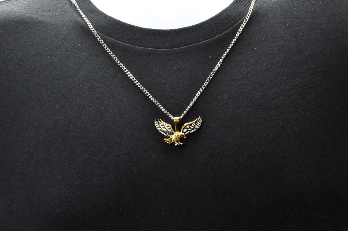 Mens Gold Stainless Steel Eagle Pendant Necklace With 24" Curb Chain