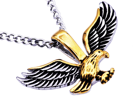 Mens Gold Stainless Steel Eagle Pendant Necklace With 24" Curb Chain