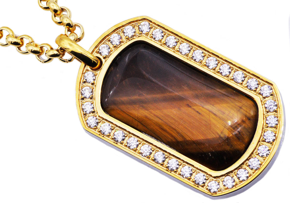 Mens Gold Stainless Steel Tiger Eye Dog Tag Pendant With Cubic Zirconia And 24" Rolo Chain